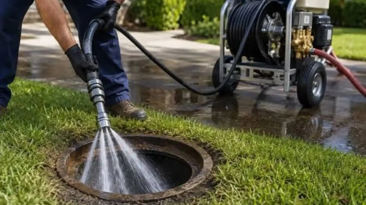 Hydro jetting hose entering a sewer cleanout