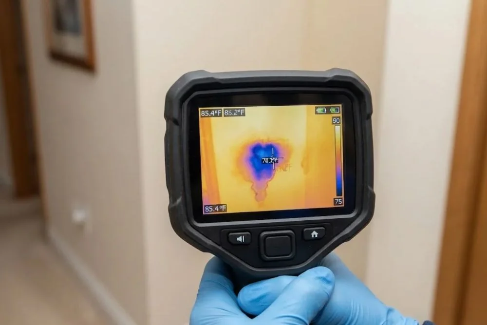 Thermal image showing a hidden wet area behind a wall