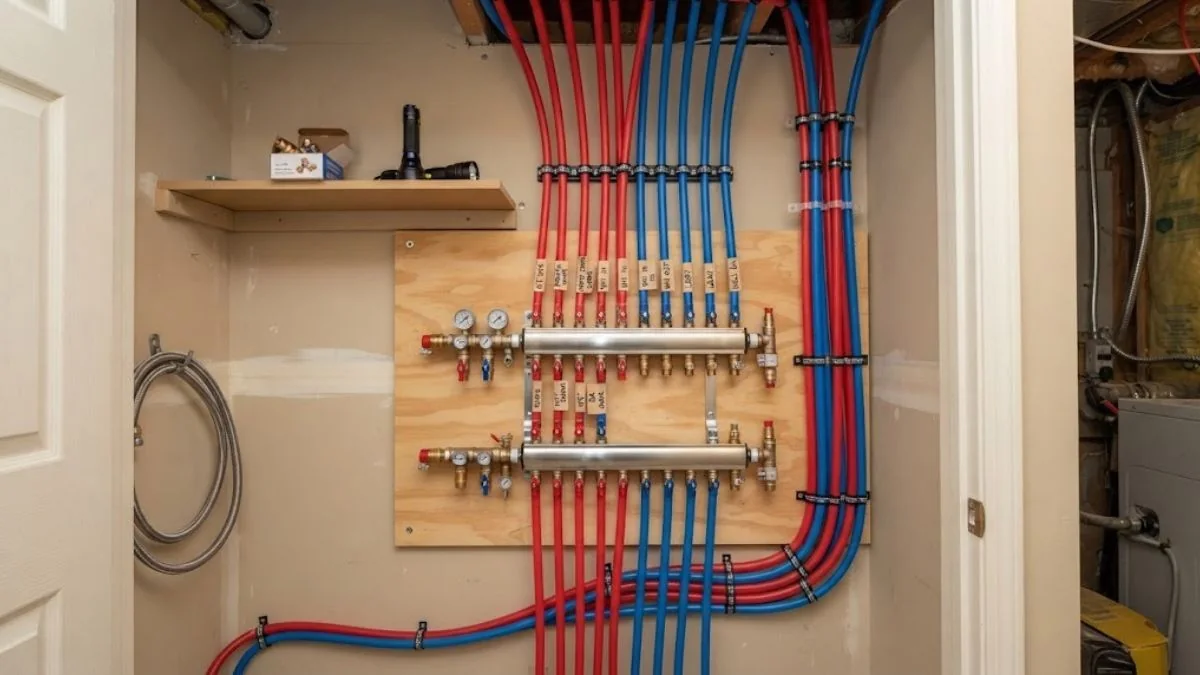 PEX supply lines connected to a manifold during a repipe